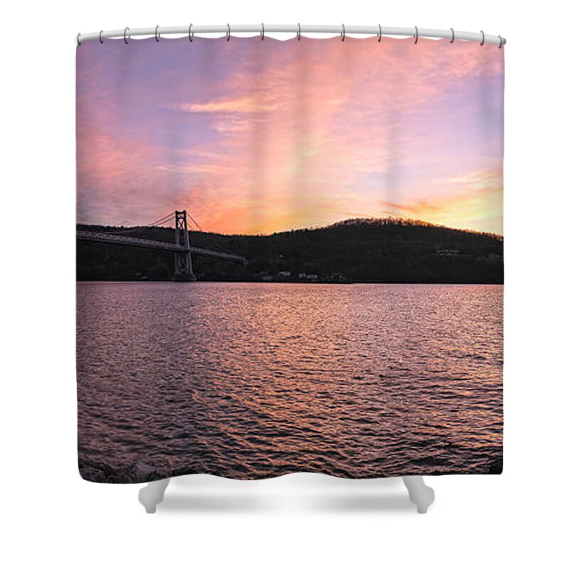Mid Hudson Bridge Shower Curtain featuring the photograph Water Sky And Bridge Dreams At Dusk by Angelo Marcialis