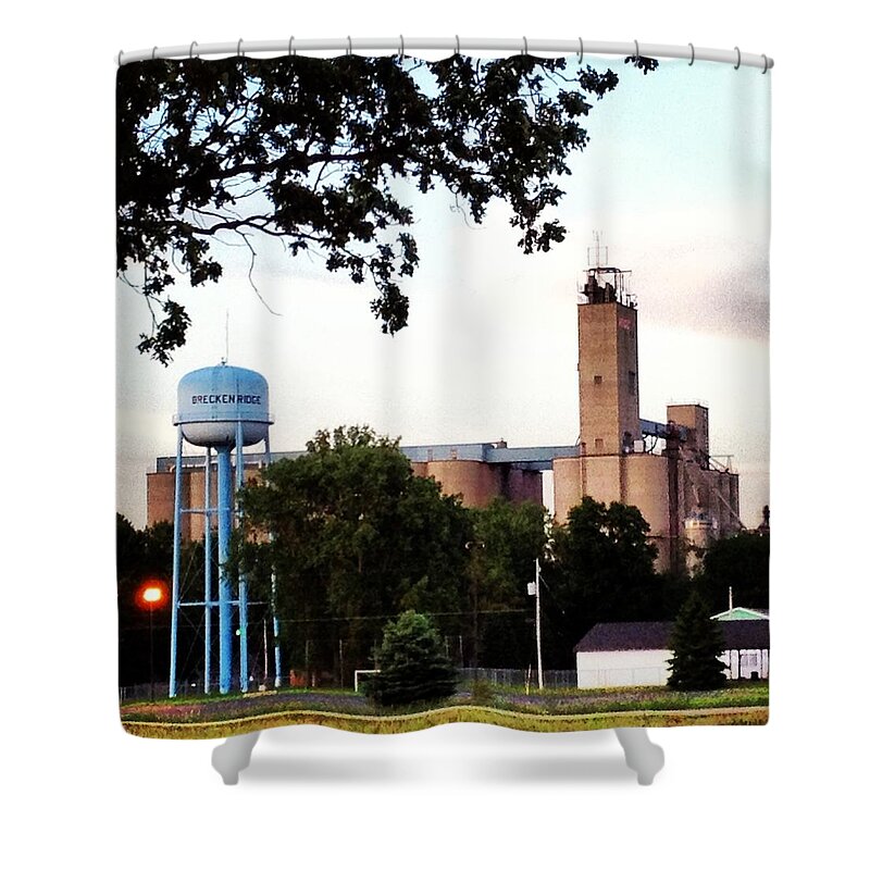 Water Tower And Silos Shower Curtain featuring the photograph Water Tower and Silos by Chris Brown