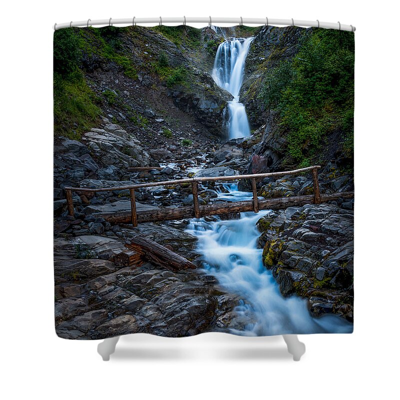 Waterfall Shower Curtain featuring the photograph Waterall and Bridge by Chris McKenna