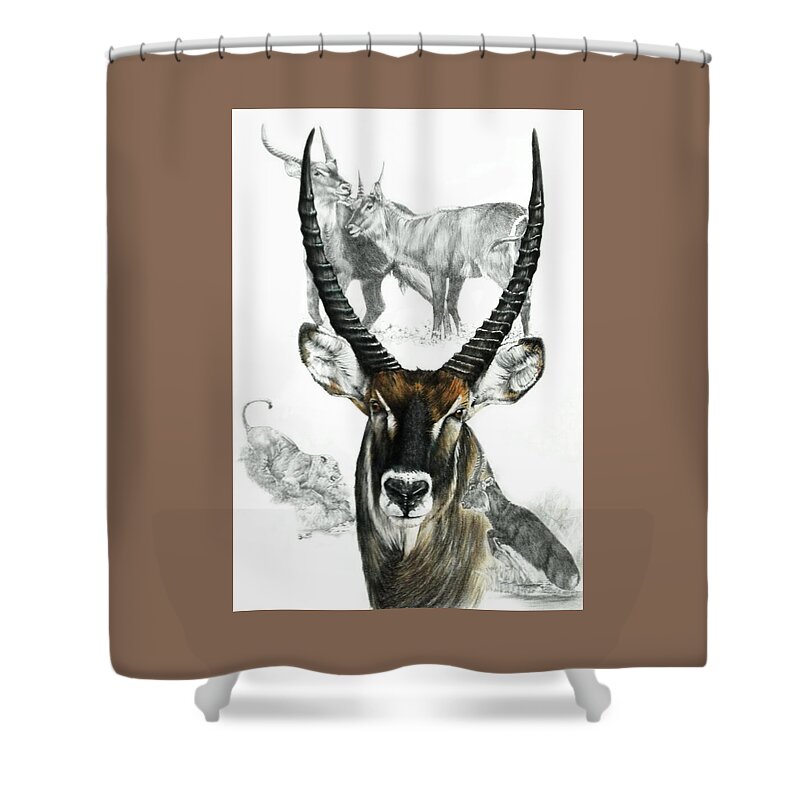 Ungulate Shower Curtain featuring the mixed media African Waterbuck Collage by Barbara Keith