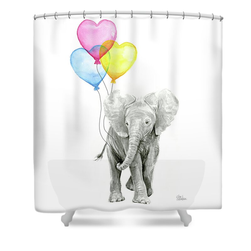 Elephant Shower Curtain featuring the painting Watercolor Elephant with Heart Shaped Balloons by Olga Shvartsur