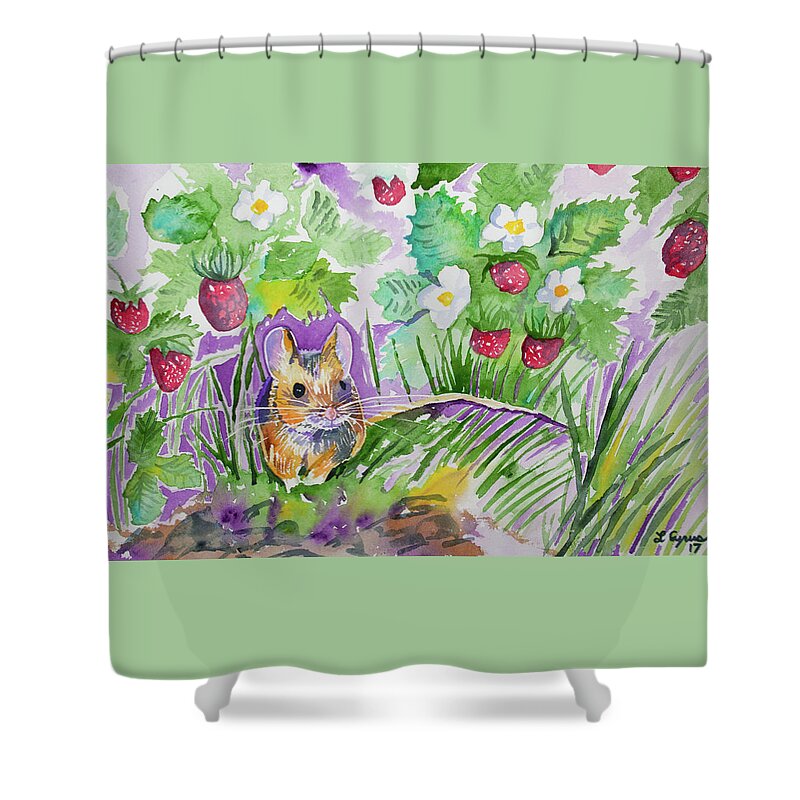 Field Mouse Shower Curtain featuring the painting Watercolor - Field Mouse with Wild Strawberries by Cascade Colors