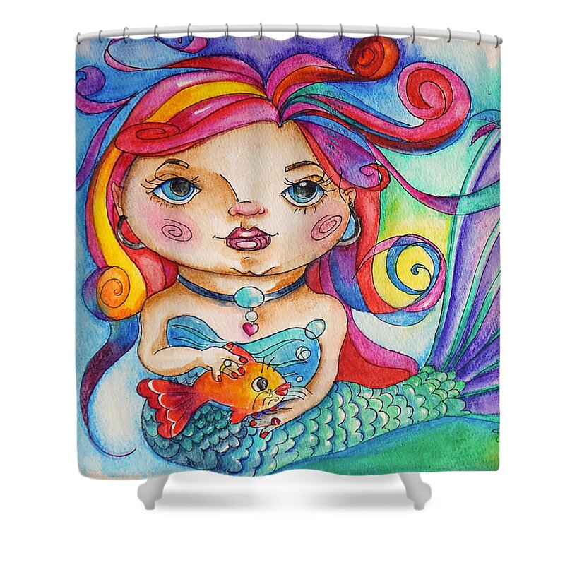 Mermaid Shower Curtain featuring the mixed media Watercolor Mermaidia Mermaid Painting by Shelley Overton