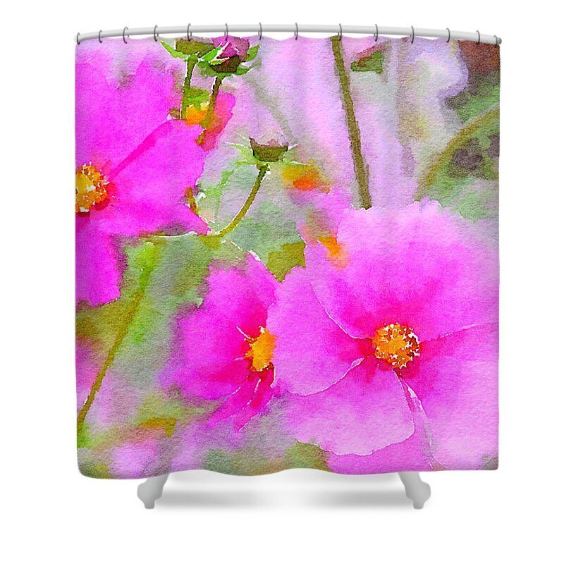 Watercolor Floral Shower Curtain featuring the painting Watercolor Pink Cosmos by Bonnie Bruno