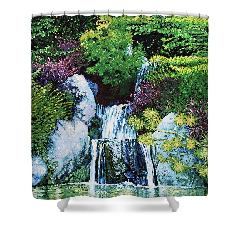 Waterfall Shower Curtain featuring the painting Waterfall At Japanese Garden by John Lautermilch