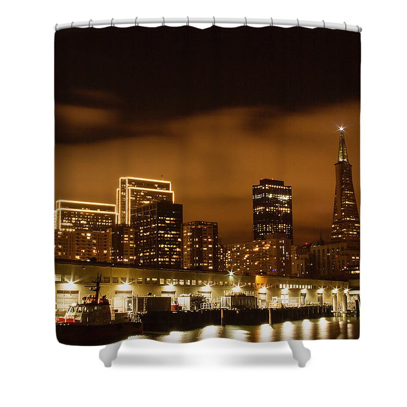 Bonnie Follett Shower Curtain featuring the photograph Waterfront Skyline At Night by Bonnie Follett