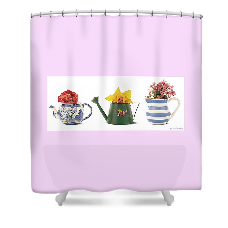 Watering Can Shower Curtain featuring the photograph Watering Cans by Anne Geddes