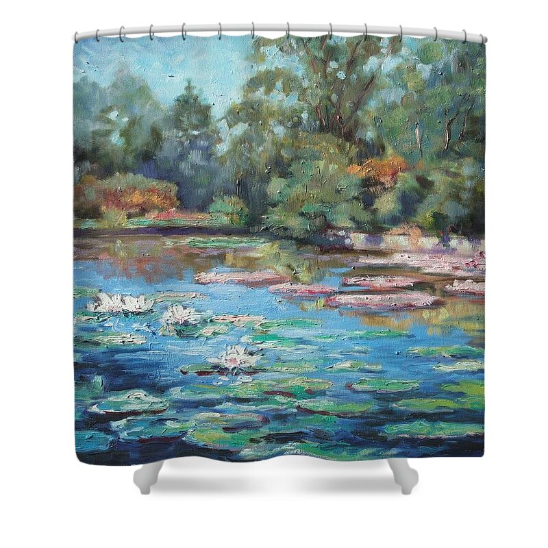 St.louis Shower Curtain featuring the painting Waterlilies pond in Tower Grove Park by Irek Szelag