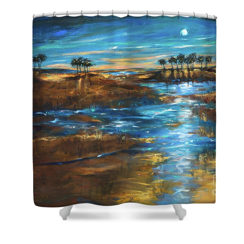 Southern Shower Curtain featuring the painting Waterway in the Moonlight by Linda Olsen