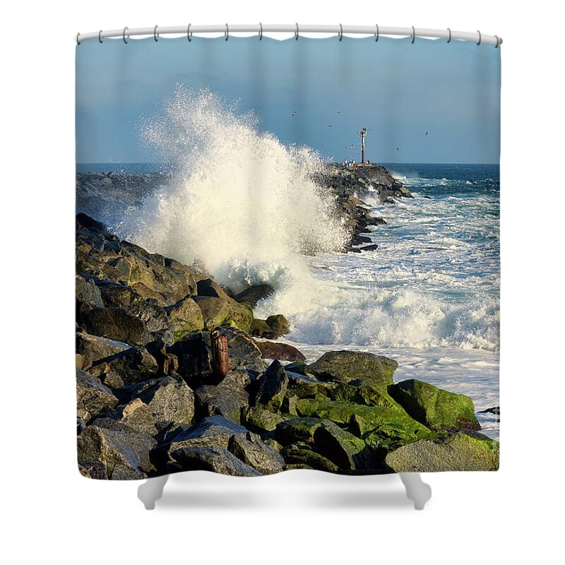Wave Shower Curtain featuring the photograph Wave Crash At The Wedge by Eddie Yerkish