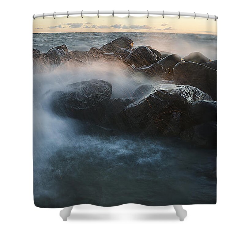 Wave Shower Curtain featuring the photograph Wave Crashed Rocks 7947 by Steve Somerville