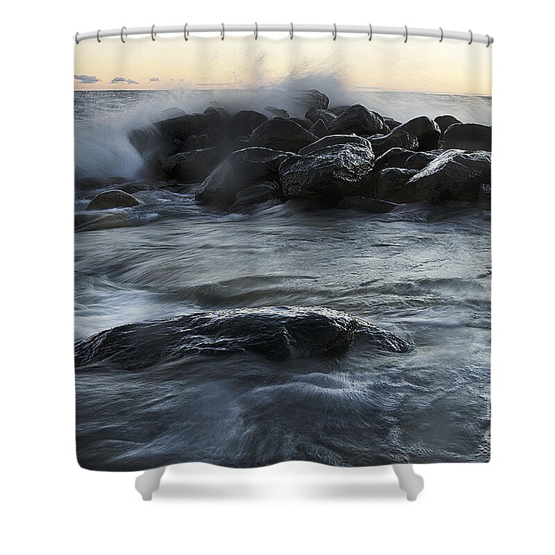 Wave Shower Curtain featuring the photograph Wave Crashes Rocks 7838 by Steve Somerville