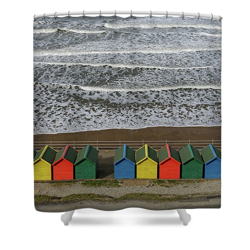 Europe Shower Curtain featuring the photograph Waves and Beach Huts - Whitby by Rod Johnson