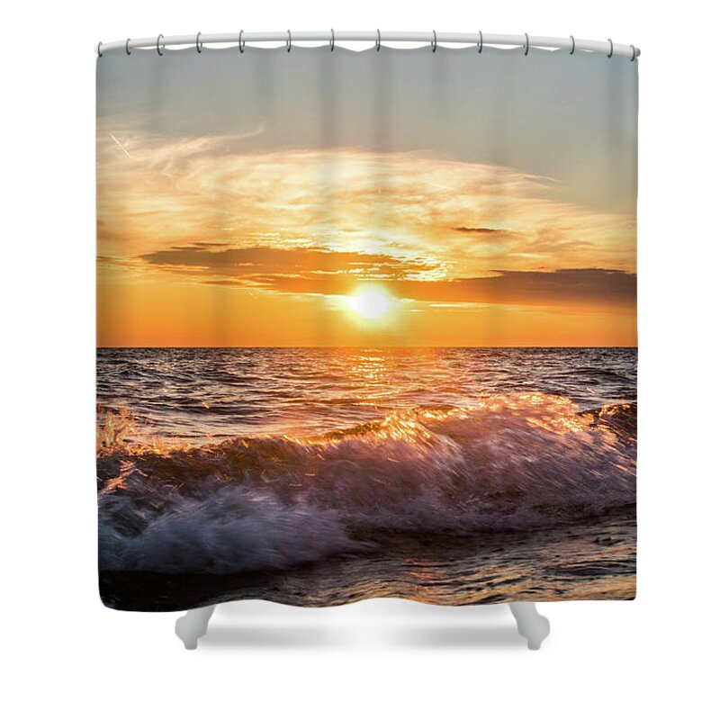 Landscape Shower Curtain featuring the photograph Waves Crashing With Suset by Lester Plank