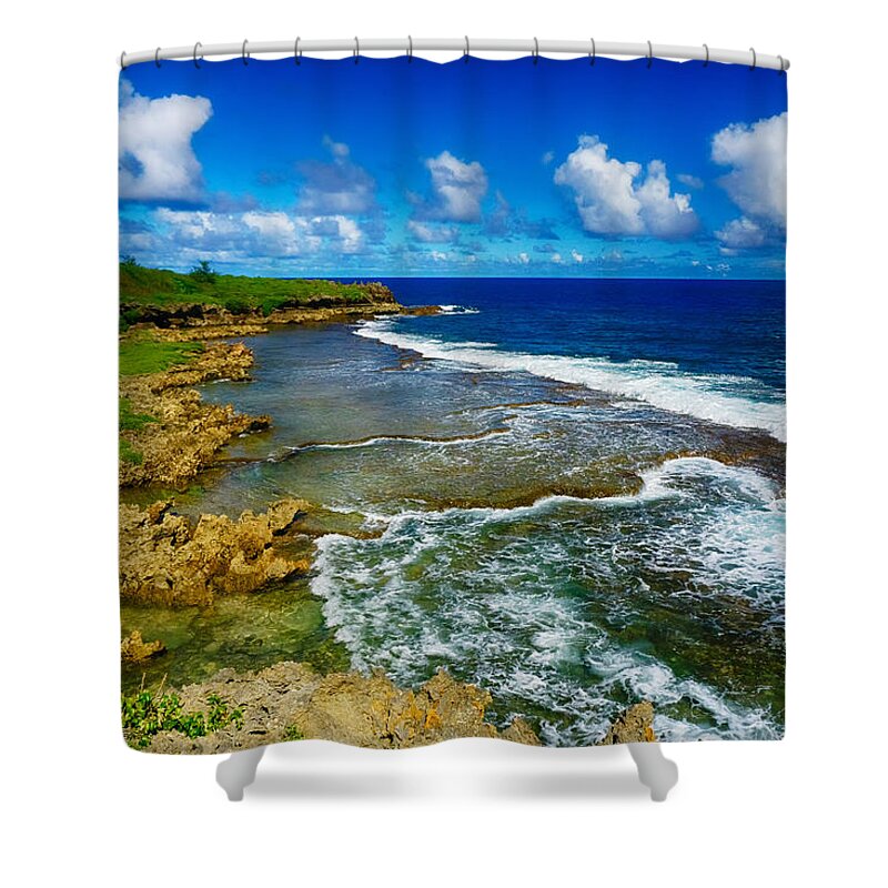 Pristine Shower Curtain featuring the photograph Waves of Inarajan by Amanda Jones