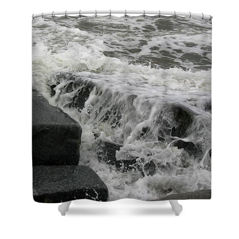 Nature Shower Curtain featuring the pyrography Waves Splashing Stones 2 by Robert Morin