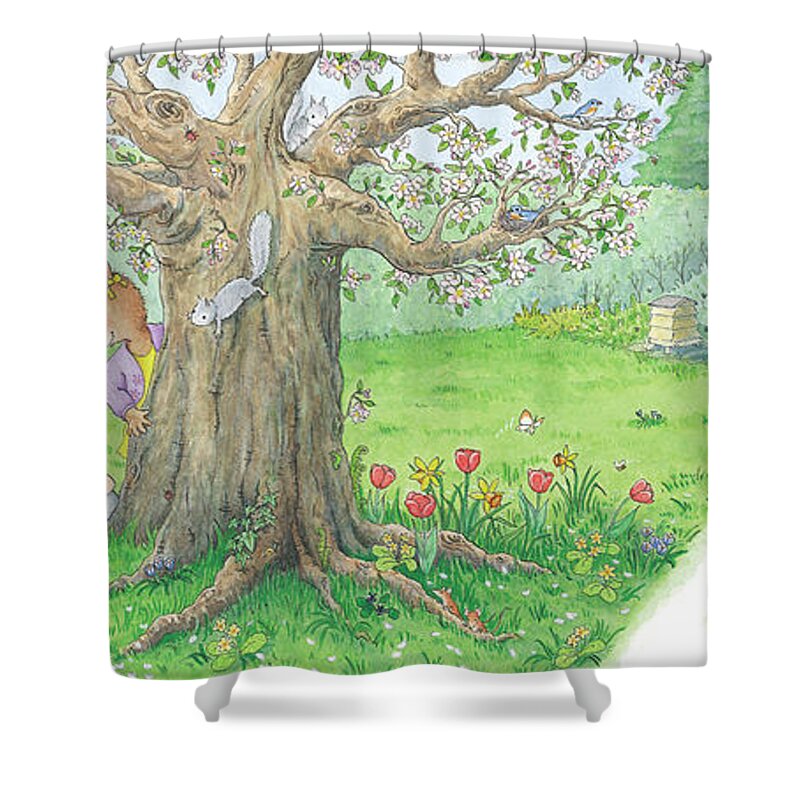 Breezy Bunnies Shower Curtain featuring the painting We Have Ducklings by Our Tree -- With Text by June Goulding
