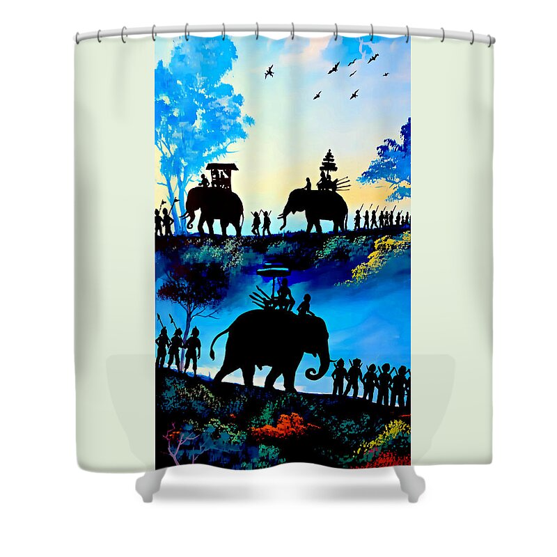 Elephants Shower Curtain featuring the painting We March At Sunrise by Ian Gledhill