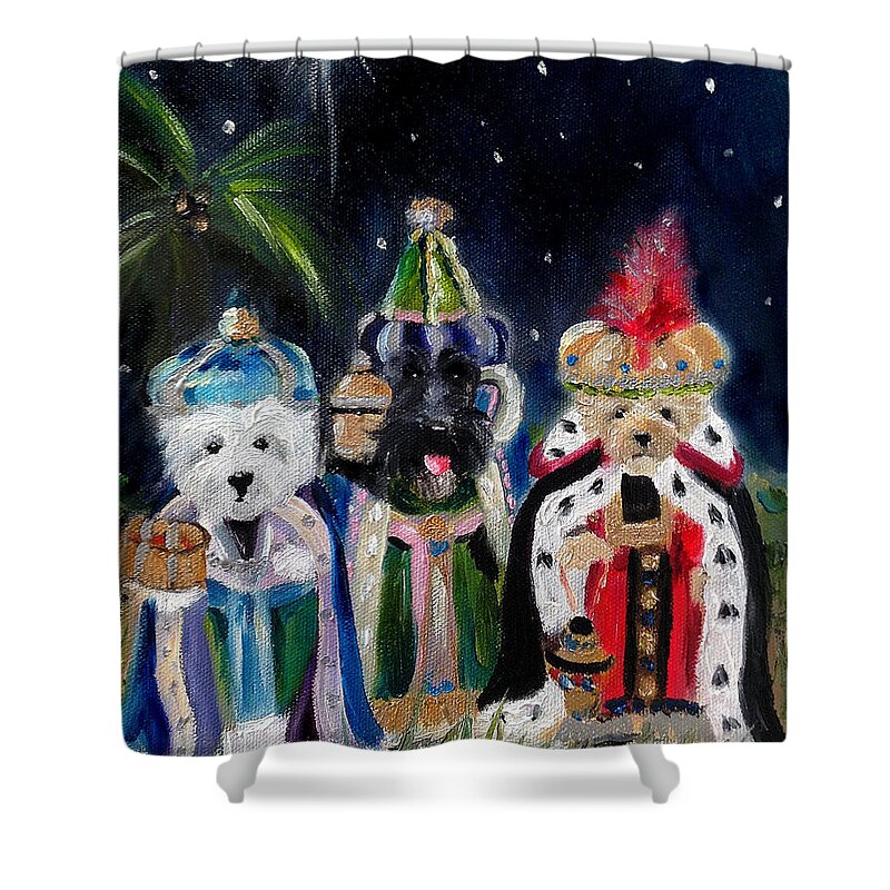 Three Wise Men Shower Curtain featuring the painting We Three Kings by Mary Sparrow