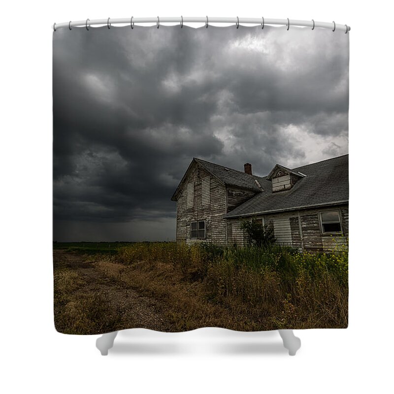 #abandoned #abandoned House #architecture #cloud #clouds #dangerous #davis #dec #decay #dirt #hail #hifromsd #house #lightning #old #rain #ravel #rural #severe #sky #south Dakota #storm #thunderstorm #tornado Warning #usa #weather #weeds Shower Curtain featuring the photograph Weathered 5 by Aaron J Groen