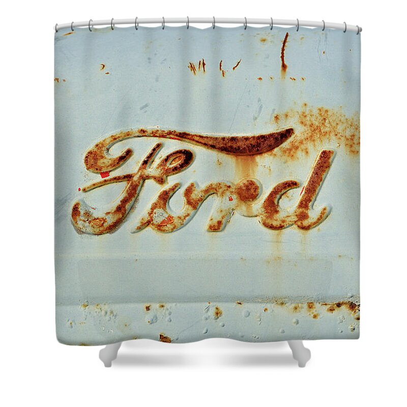 Ford Tractor Shower Curtain featuring the photograph Weathered and Worn Ford Tractor Hood by Luke Moore