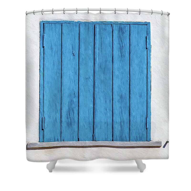 Blue Shower Curtain featuring the painting Weathered Blue Shutter by David Letts