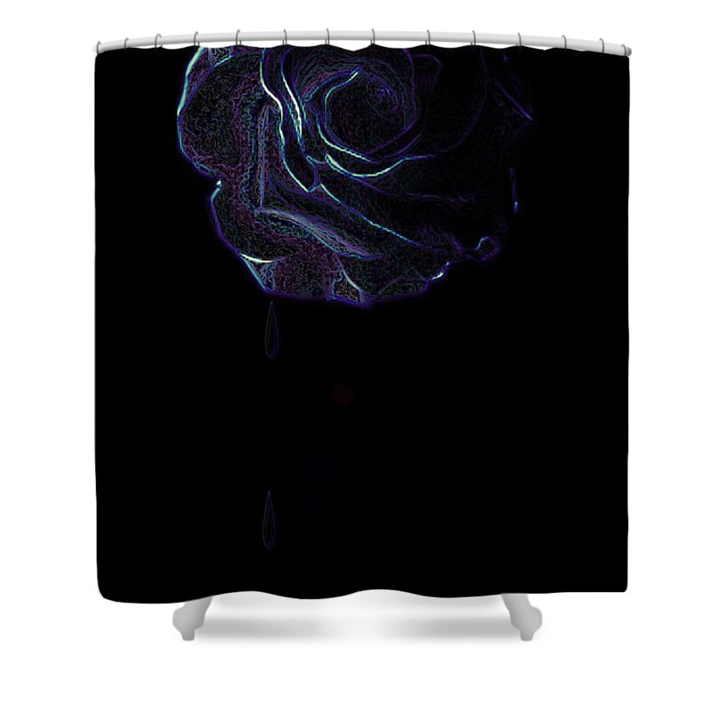 Rose Flower Tears Weeping Sad Crying Emotion Lost Dark Purple Blue Plants Feelings Shower Curtain featuring the digital art Weeping Rose by Andrea Lawrence