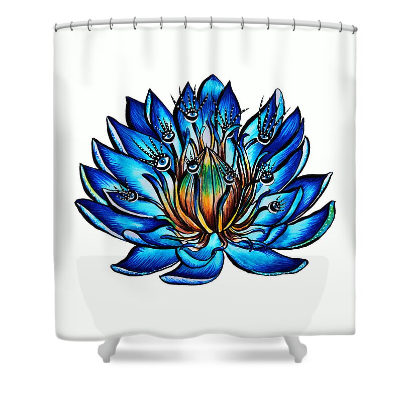 Nature Shower Curtain featuring the drawing Weird Multi Eyed Blue Water Lily Flower by Boriana Giormova