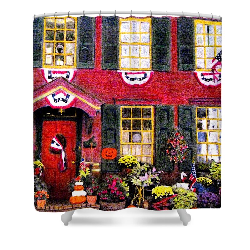 Red Houses Shower Curtain featuring the drawing Welcome to Autumn by Angela Davies