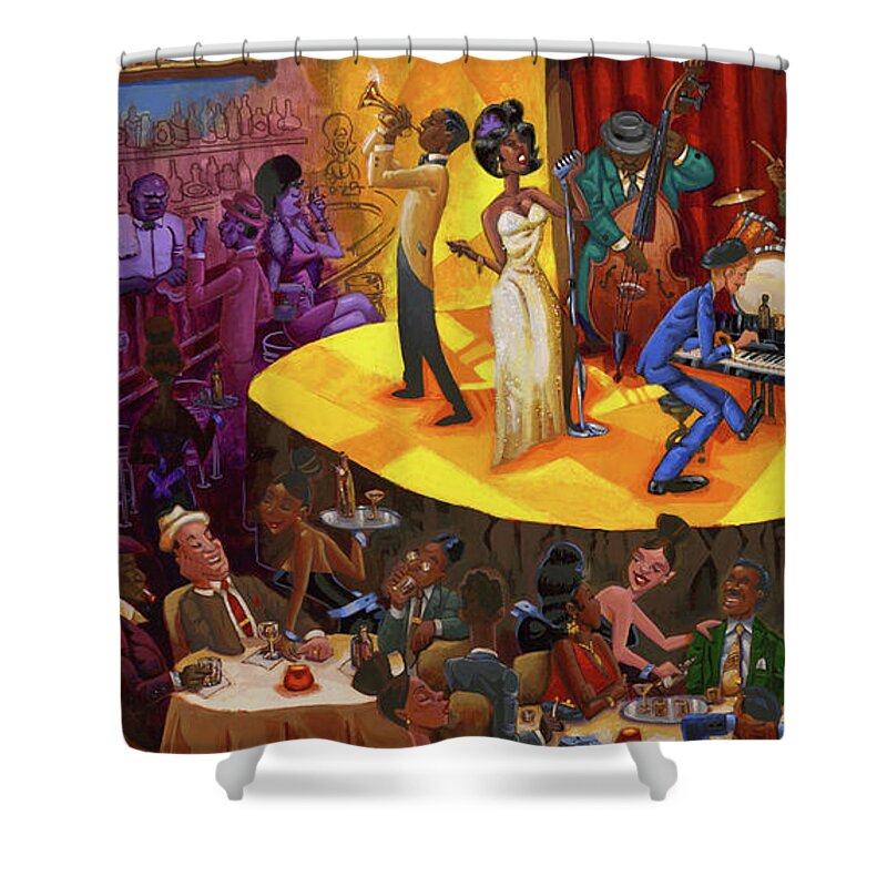 Cool Jazz In The Most Happenin’ Spot In Town Go Hand In Shower Curtain featuring the painting Welcome To The Club by Keith Shepherd