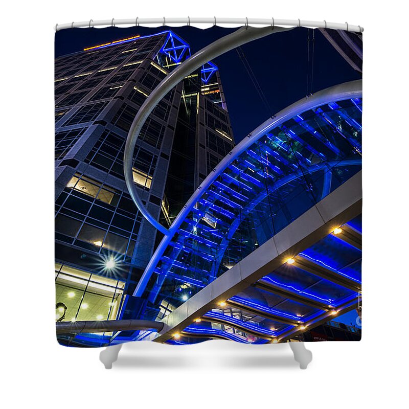 Wells Fargo Shower Curtain featuring the photograph Wells Fargo Building Sky Bridge at Night by Gary Whitton