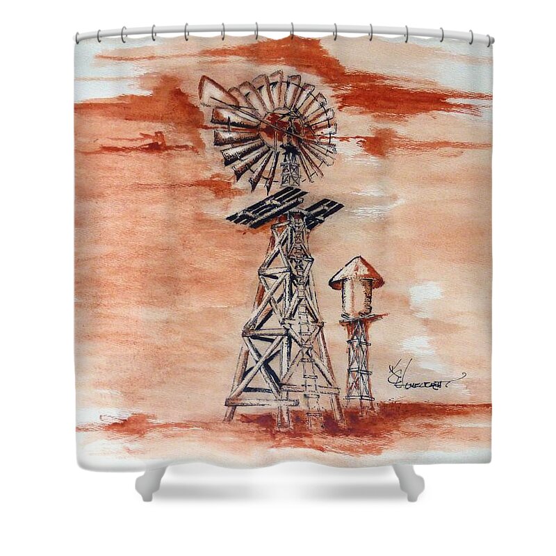 Windmill Shower Curtain featuring the mixed media West Texas Windmill by Kem Himelright
