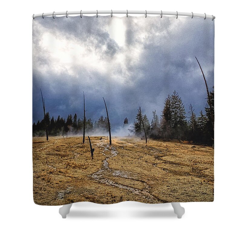 Wyoming Shower Curtain featuring the photograph West Thumb Geyser Basin  by Lars Lentz