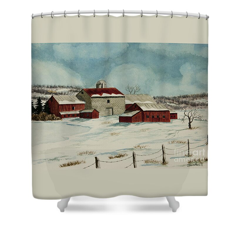 Winter Scene Paintings Shower Curtain featuring the painting West Winfield Farm by Charlotte Blanchard