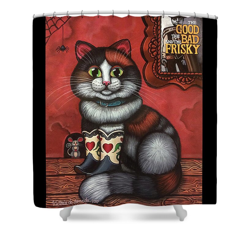 Cat Shower Curtain featuring the painting Western Boots Cat Painting by Victoria De Almeida