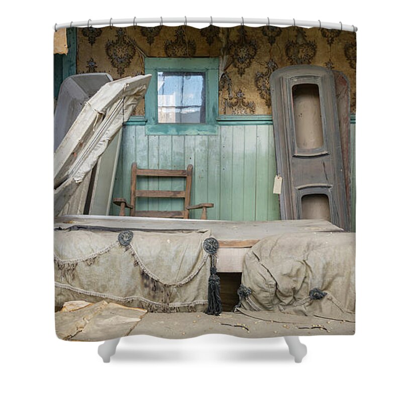 Abandoned Shower Curtain featuring the photograph Western frontier town morgue by Karen Foley