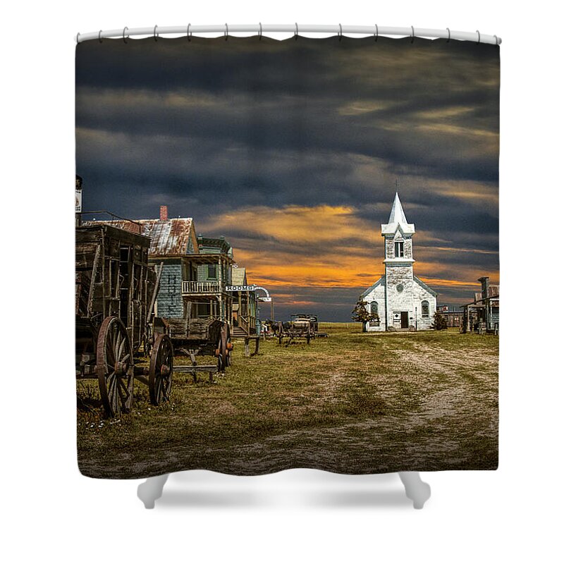 Town Shower Curtain featuring the photograph Western Prairie 1880 Town in South Dakota at Sunset by Randall Nyhof