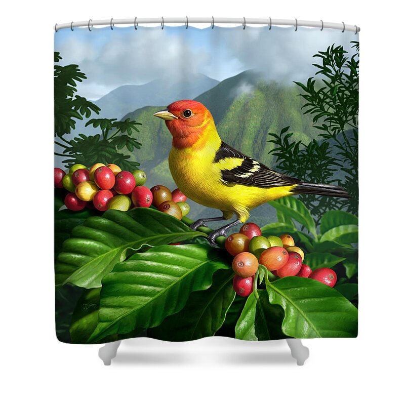 Bird Shower Curtain featuring the digital art Western Tanager by Jerry LoFaro