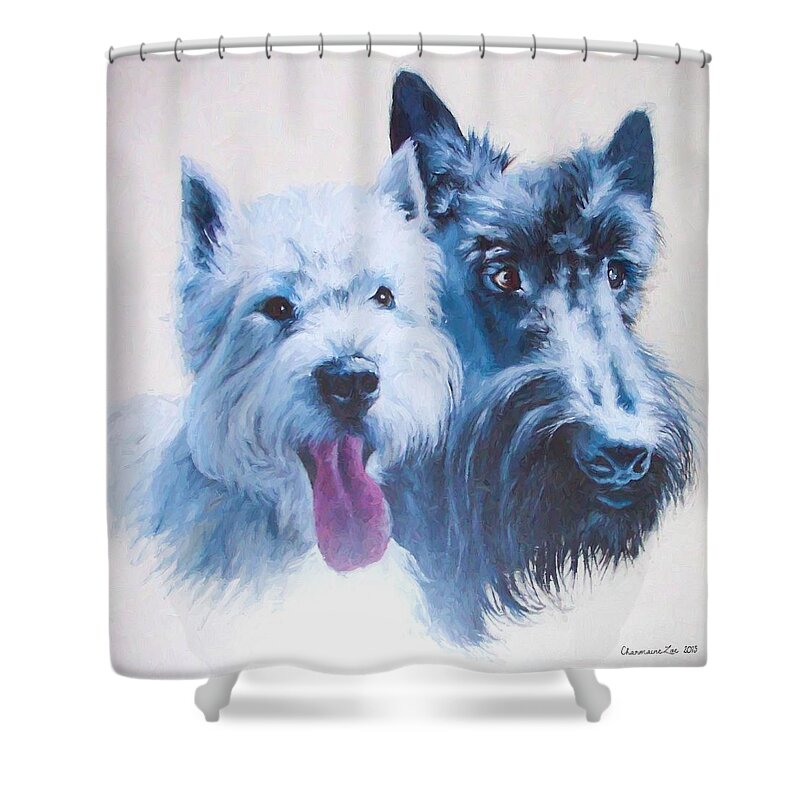 Dog Shower Curtain featuring the digital art Westie and Scotty Dogs by Charmaine Zoe