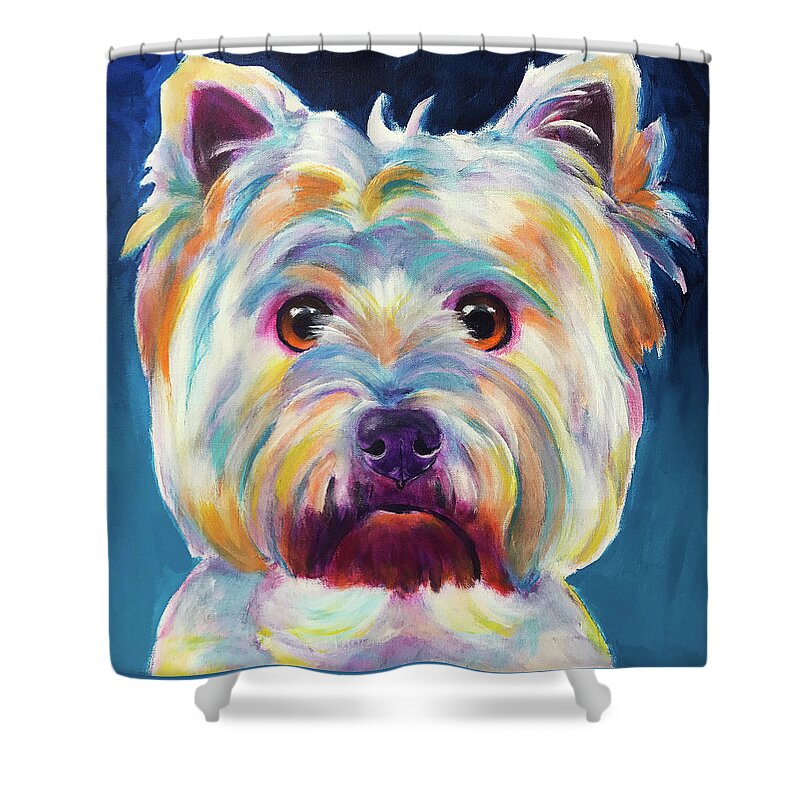 Pet Portrait Shower Curtain featuring the painting Westie - Chispy by Dawg Painter