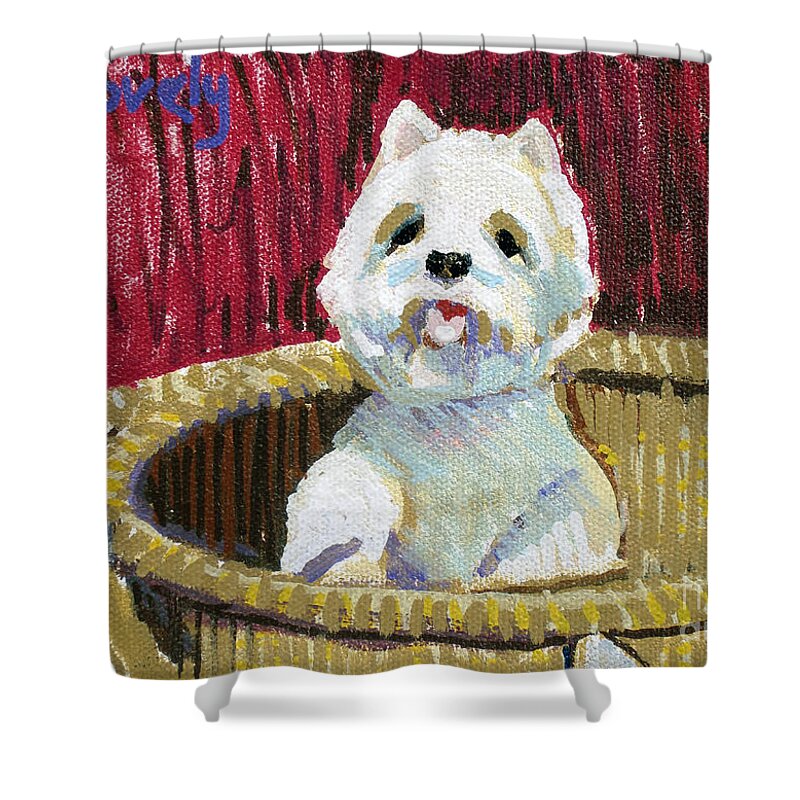 Westie Shower Curtain featuring the painting Westie in Basket by Candace Lovely