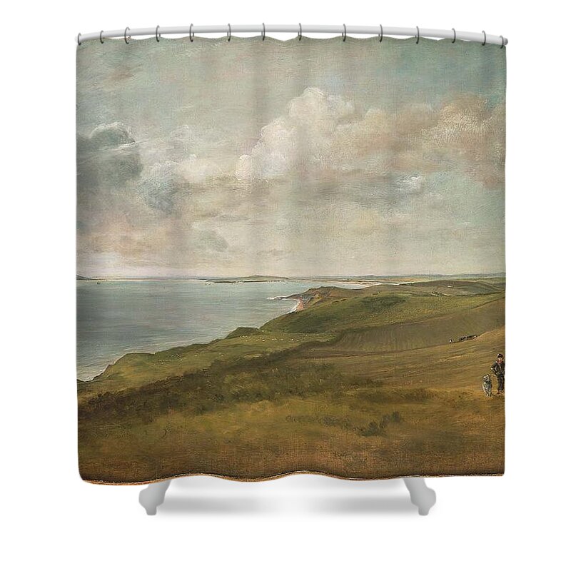 Weymouth Bay From The Downs Above Osmington Mills Shower Curtain featuring the painting Weymouth Bay from the Downs above by MotionAge Designs