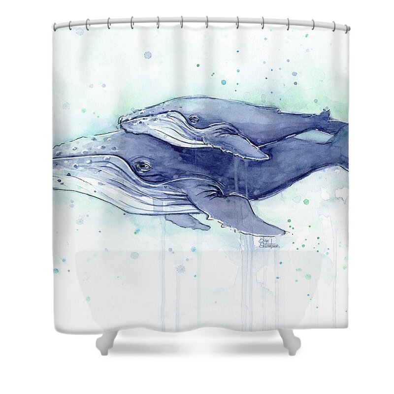 Whale Shower Curtain featuring the painting Whales Humpback Watercolor Mom and Baby by Olga Shvartsur
