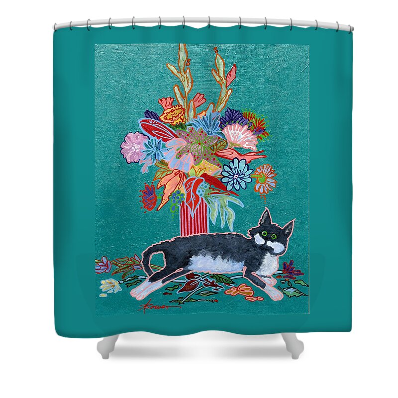 Cats Shower Curtain featuring the painting What Flowers by Adele Bower