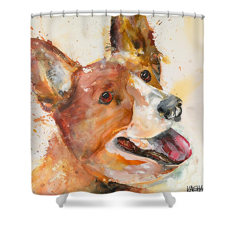 Corgi Shower Curtain featuring the painting What Hamburger? by Kasha Ritter