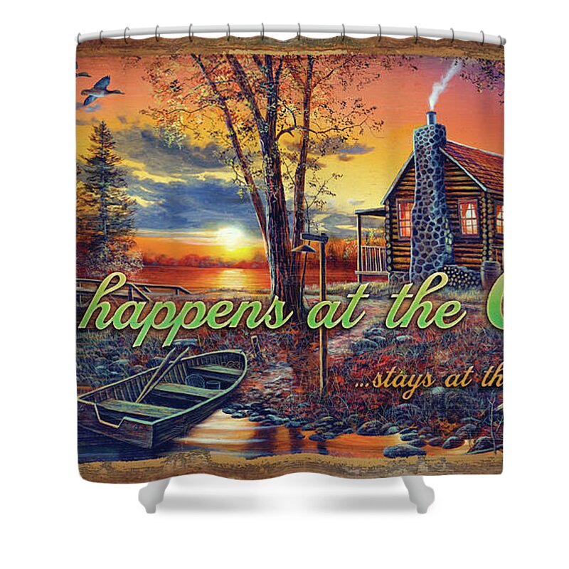 Jq Licensing Shower Curtain featuring the painting What Happens At The Cabin by Jim Hansel