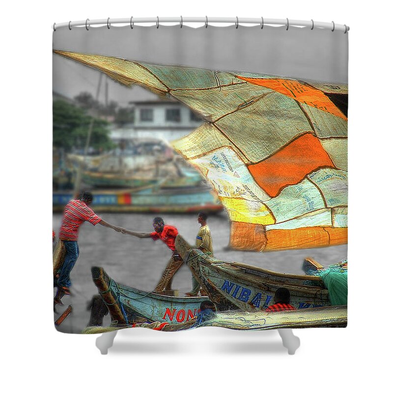 Ghana Shower Curtain featuring the photograph Whatever it Takes - Makeshift Sail at Tema Harbor by Wayne King