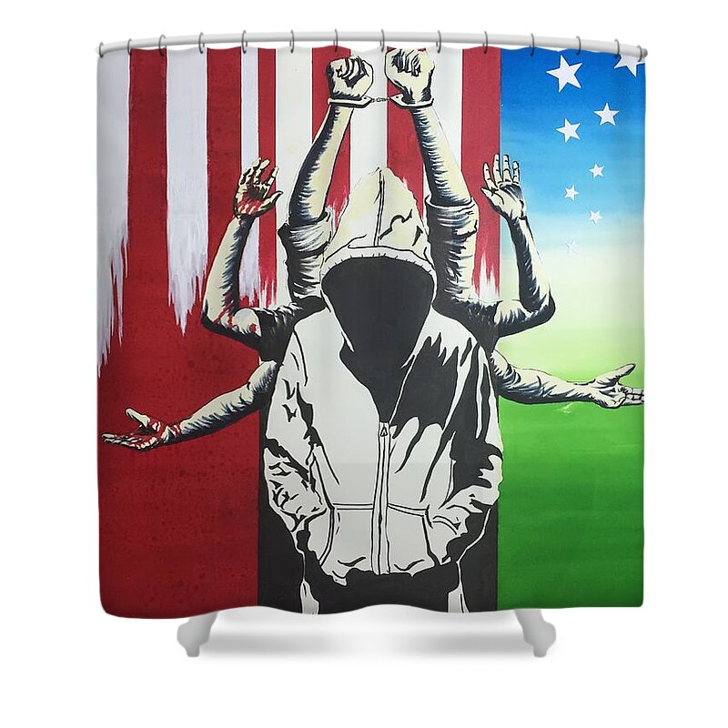 Black Shower Curtain featuring the painting What's Left? by Edmund Royster