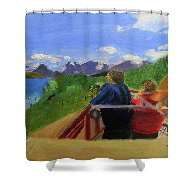 Glacier National Park Shower Curtain featuring the painting What's Out There? by Linda Feinberg