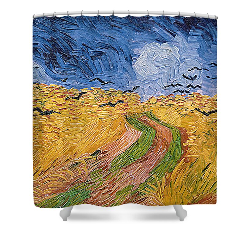Landscape;post-impressionist; Summer; Wheat; Field; Birds; Threatening; Sky; Cloud; Post-impressionism Shower Curtain featuring the painting Wheatfield with Crows by Vincent van Gogh